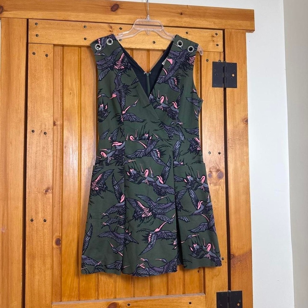 RACHEL Rachel Roy Army/Forest Green Pink Crane Bird Print Fit & Flare Mini Dress